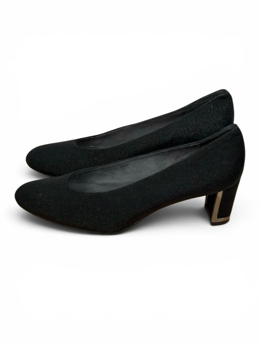 Stuart Weitzman Black Goosebump Leather Block Heel with Metal Trim Size 9 M